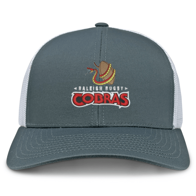 A Raleigh Cobras Rugby Retro Trucker Cap by EMB Alpha Broder, a retro grey and white hat with the word cobras on it.