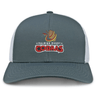 A Raleigh Cobras Rugby Retro Trucker Cap by EMB Alpha Broder, a retro grey and white hat with the word cobras on it.