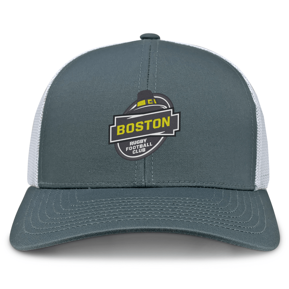 The Boston RFC Retro Trucker Cap by EMB S&S Activewear is a gray and white cap with an embroidered front logo and classic snapback closure.