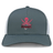 Gray and white SUNY Maritime retro trucker cap with a skull and crossed swords design labeled "mariners" embroidered on the front by EMB Alpha Broder.