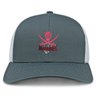 Gray and white SUNY Maritime retro trucker cap with a skull and crossed swords design labeled "mariners" embroidered on the front by EMB Alpha Broder.