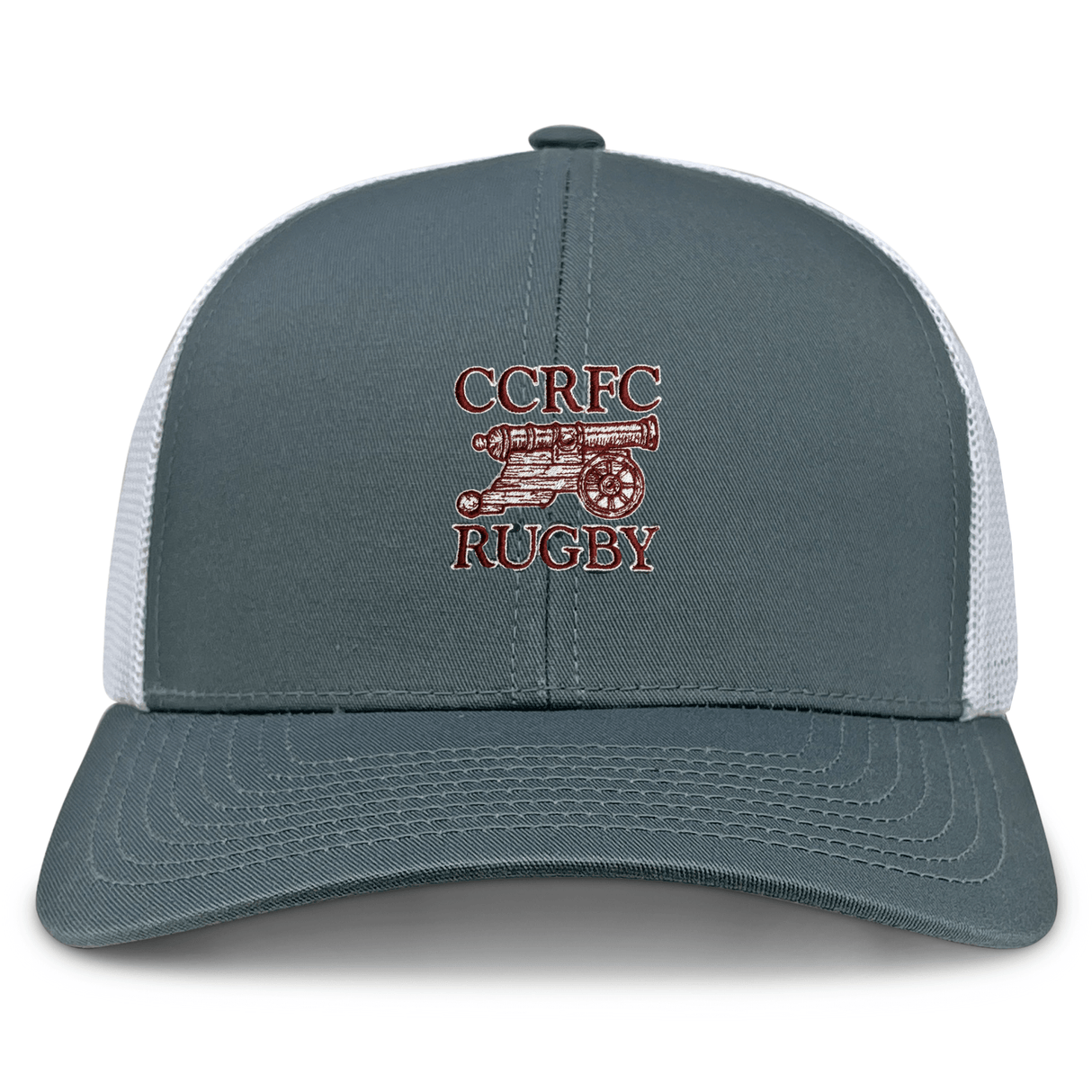The Concord Carlisle Rugby Retro Trucker Cap by EMB S&S Activewear features a gray and white design, red "CCRFC RUGBY" and cannon embroidery on the front, and an adjustable snapback closure.