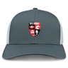 The Rye High School Rugby Retro Trucker Cap by EMB S&S Activewear features a gray and white design, a “Rye Rugby” crest with red, black, and white details, “Est 2014” on the front, an adjustable snapback, and a polyester-cotton blend.