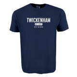 The WRS S&S Activewear Twickenham Stadium Tee is a navy blue shirt with "TWICKENHAM RUGBY EST. MCMVII" boldly printed in white on the front.