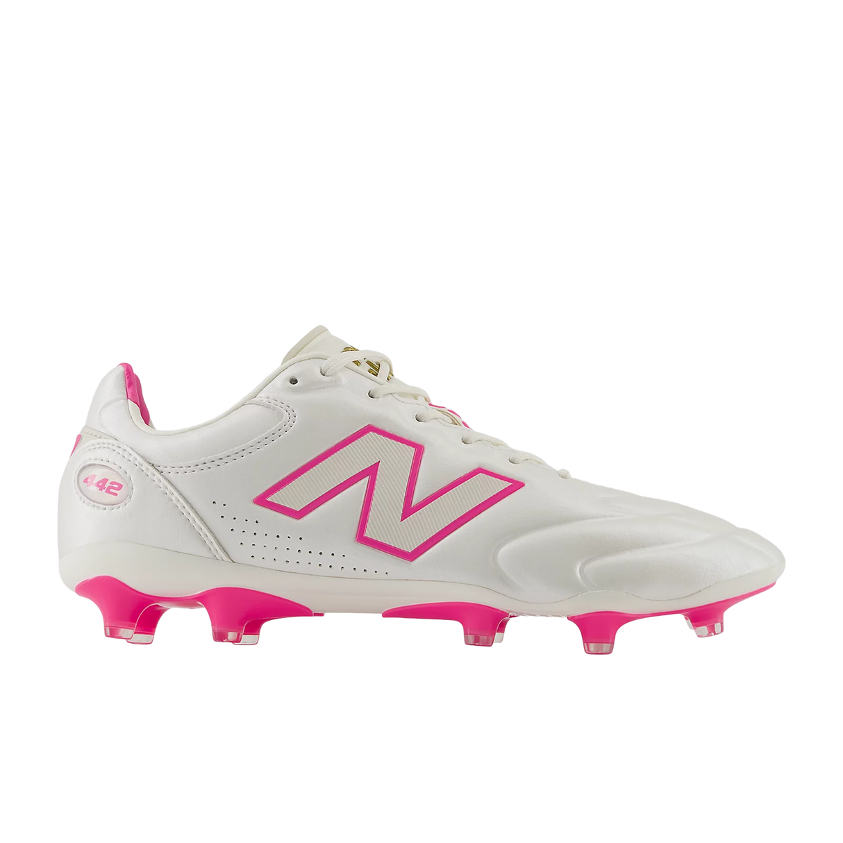 The New Balance Wide 442 Elite FG v3 football boots in Sea Salt/Pink Heat feature a wide fit, bold pink “N” logo and studs, and 442 branding—ideal for firm ground play.