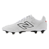 The New Balance 442 Elite FG v3 - White/Black soccer cleats feature a premium leather upper, lace-up design, black logo, and metal sole studs. Shown in side profile against a plain background.