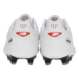 Rear view of New Balance 442 Elite FG v3 firm ground soccer cleats in white/black, featuring a premium leather upper, black studs, red NB logo, and small ventilation holes on the heels.