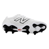 The New Balance 442 Elite FG v3 in White/Black features a premium leather upper for comfort and control, a black sole with studs, a large black "N" logo, and small red branding on the arch.