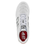 Top view of the New Balance 442 Elite FG v3 soccer cleat in white/black, featuring black detailing, a premium leather upper, and "442" with "catra for quality" text on the red insole.