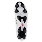 Close-up of the underside of the New Balance Wide 442 Elite FG v3—White/Black, showcasing a red New Balance logo and multiple black studs. Perfect for players in need of wide firm ground soccer cleats.
