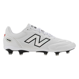 The New Balance Wide 442 Elite FG v3 - White/Black is a wide-fit soccer cleat featuring white uppers with black accents and “442” model detailing, offering comfort and performance on firm ground.