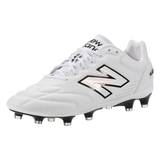 The New Balance Wide 442 Elite FG v3 - White/Black is a firm ground soccer cleat featuring black accents and metal studs, engineered for superior traction and performance on the pitch.