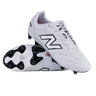 A pair of New Balance Wide 442 Elite FG v3 soccer cleats in white/black—one upright and one showing the sole and studs—offer wide-fit comfort and reliable firm ground performance for players.