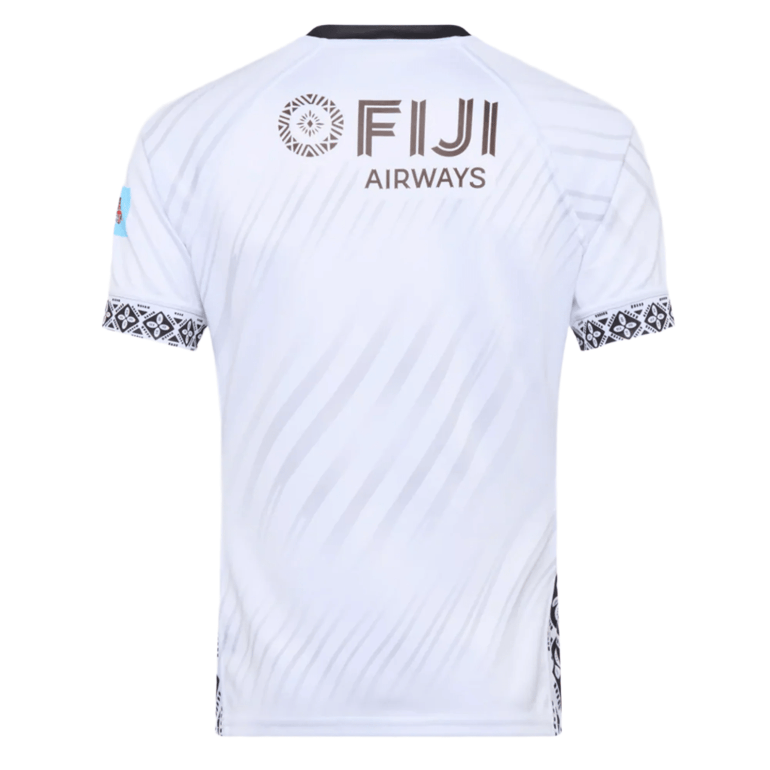 Back view of the Fiji 25/26 Replica Home Jersey by Umbro in white, featuring "FIJI AIRWAYS" and logo in brown, with black and white trim on sleeves and sides inspired by traditional Fijian masi art.