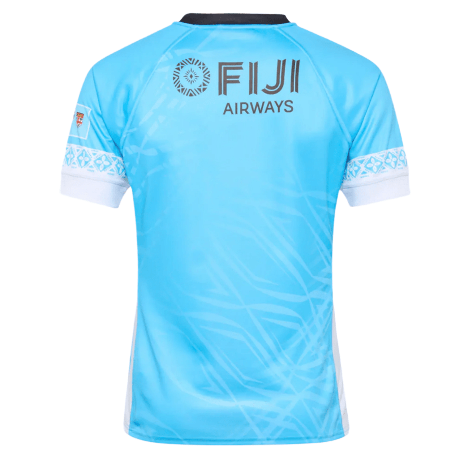 The Umbro Fiji 25/26 Replica Away Jersey is light blue with white and black trim, features “FIJI AIRWAYS,” a circular logo, Fijian masi art on the back, has an athletic polyester fit, and is displayed against a plain background.