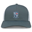 The University of Mary Washington Retro Trucker Cap by EMB Alpha Broder is a stylish grey and white retro trucker hat that features an embroidered design with a shield, a rugby ball, and a red cross, accompanied by the text "UMW RFC" and "1977." It also includes a convenient snapback closure.