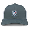 The University of Mary Washington Retro Trucker Cap by EMB Alpha Broder is a stylish grey and white retro trucker hat that features an embroidered design with a shield, a rugby ball, and a red cross, accompanied by the text "UMW RFC" and "1977." It also includes a convenient snapback closure.