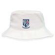 The University of Mary Washington Crusher Bucket Cap by EMB S&S Activewear is a white cotton twill hat with a blue and white embroidered "UMW RFC" and "1977" crest on the front, combining stylish sun protection and school spirit.