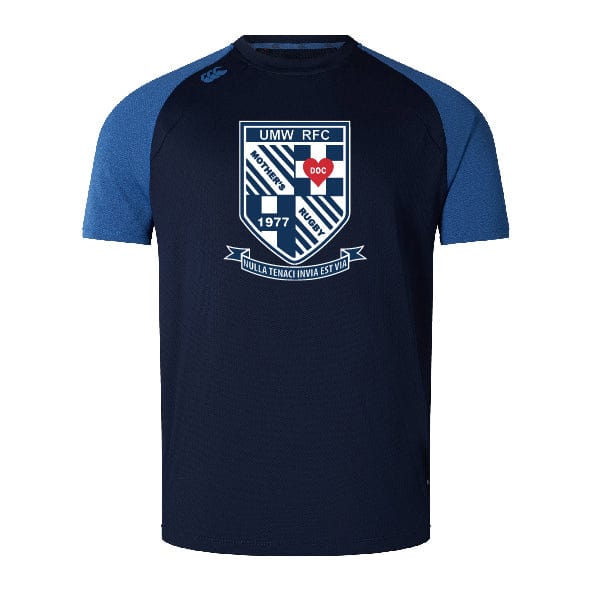 Navy blue sports jersey with blue sleeves featuring the UMW RFC logo, a shield with the text "1977", "Nulla tenaci invia est via", and various blue and white patterns. Crafted from Vapodri fabrics, this University of Mary Washington Elite Training Tee by WRS Canterbury ensures superior comfort and performance.