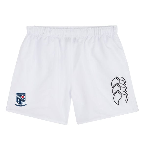 The University of Mary Washington Tactic Short by Canterbury from EMB Canterbury features an elastic waistband and comes in white with a blue and red crest logo on the left side, along with a black pattern on the right side, making it ideal for rugby training.
