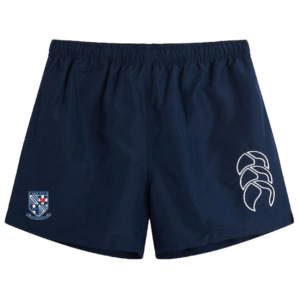 The University of Mary Washington Tactic Short by Canterbury, a pair of navy blue men's lightweight shorts from EMB Canterbury, features a logo on the left leg and a crest with a shield on the right leg. Ideal for rugby training sessions, these shorts are showcased against a plain white background.