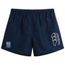 The University of Mary Washington Tactic Short by Canterbury, a pair of navy blue men's lightweight shorts from EMB Canterbury, features a logo on the left leg and a crest with a shield on the right leg. Ideal for rugby training sessions, these shorts are showcased against a plain white background.
