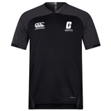 The UNC Charlotte Vapodri Evader Jersey by EMB Canterbury is a black rugby jersey with short sleeves, featuring the Canterbury logo on the left chest and a rugby club logo on the right. This jersey incorporates moisture-wicking technology for optimal performance on the field.