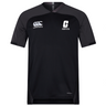The UNC Charlotte Vapodri Evader Jersey by EMB Canterbury is a black rugby jersey with short sleeves, featuring the Canterbury logo on the left chest and a rugby club logo on the right. This jersey incorporates moisture-wicking technology for optimal performance on the field.