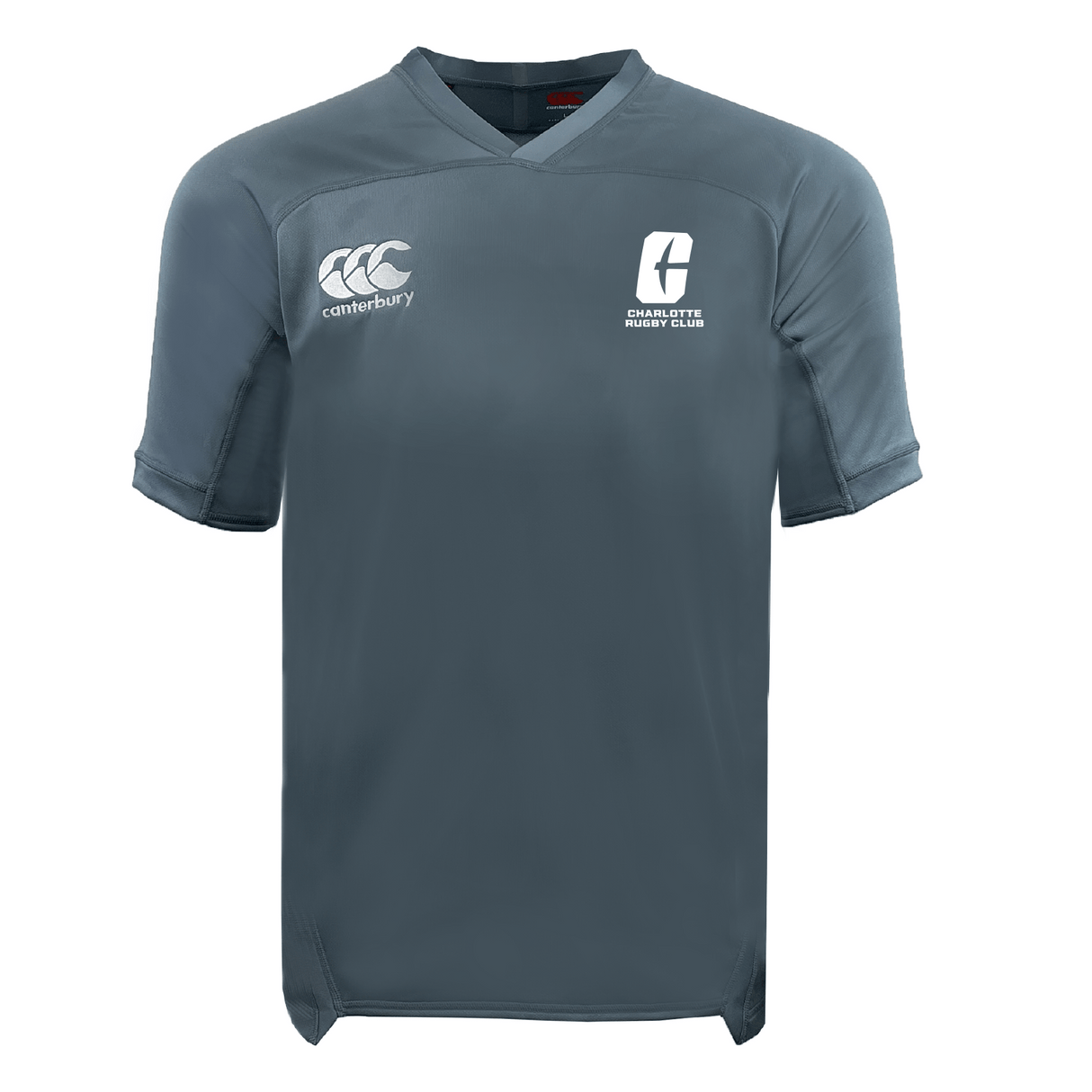 UNC Charlotte Vapodri Evader Jersey by EMB Canterbury in gray, showcasing the "Canterbury" and "Charlotte Rugby Club" logos on the front, designed with moisture-wicking technology for your comfort.