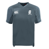 UNC Charlotte Vapodri Evader Jersey by EMB Canterbury in gray, showcasing the "Canterbury" and "Charlotte Rugby Club" logos on the front, designed with moisture-wicking technology for your comfort.