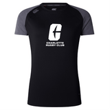 The UNC Charlotte Women's Elite Training Tee by Canterbury is a black and gray short-sleeved rugby shirt adorned with the "Charlotte Rugby Club" logo on the front. Crafted from lightweight fabric, this elite training tee by WRS Canterbury is engineered with Vapodri technology to ensure you stay cool and comfortable both on and off the field.