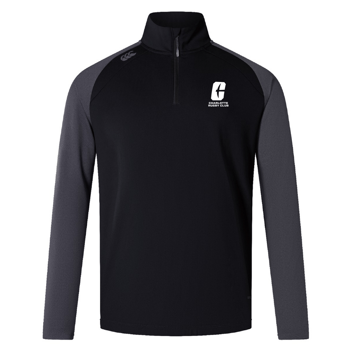 Introducing the UNC Charlotte Women's Elite First Layer by Canterbury from EMB Canterbury: a long-sleeved pullover designed in black and gray with quick-drying honeycomb fabric, featuring a quarter zip and a logo on the chest.