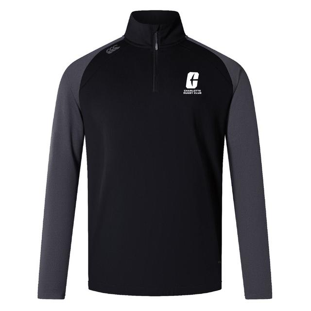 Introducing the UNC Charlotte Women's Elite First Layer by Canterbury from EMB Canterbury: a long-sleeved pullover designed in black and gray with quick-drying honeycomb fabric, featuring a quarter zip and a logo on the chest.