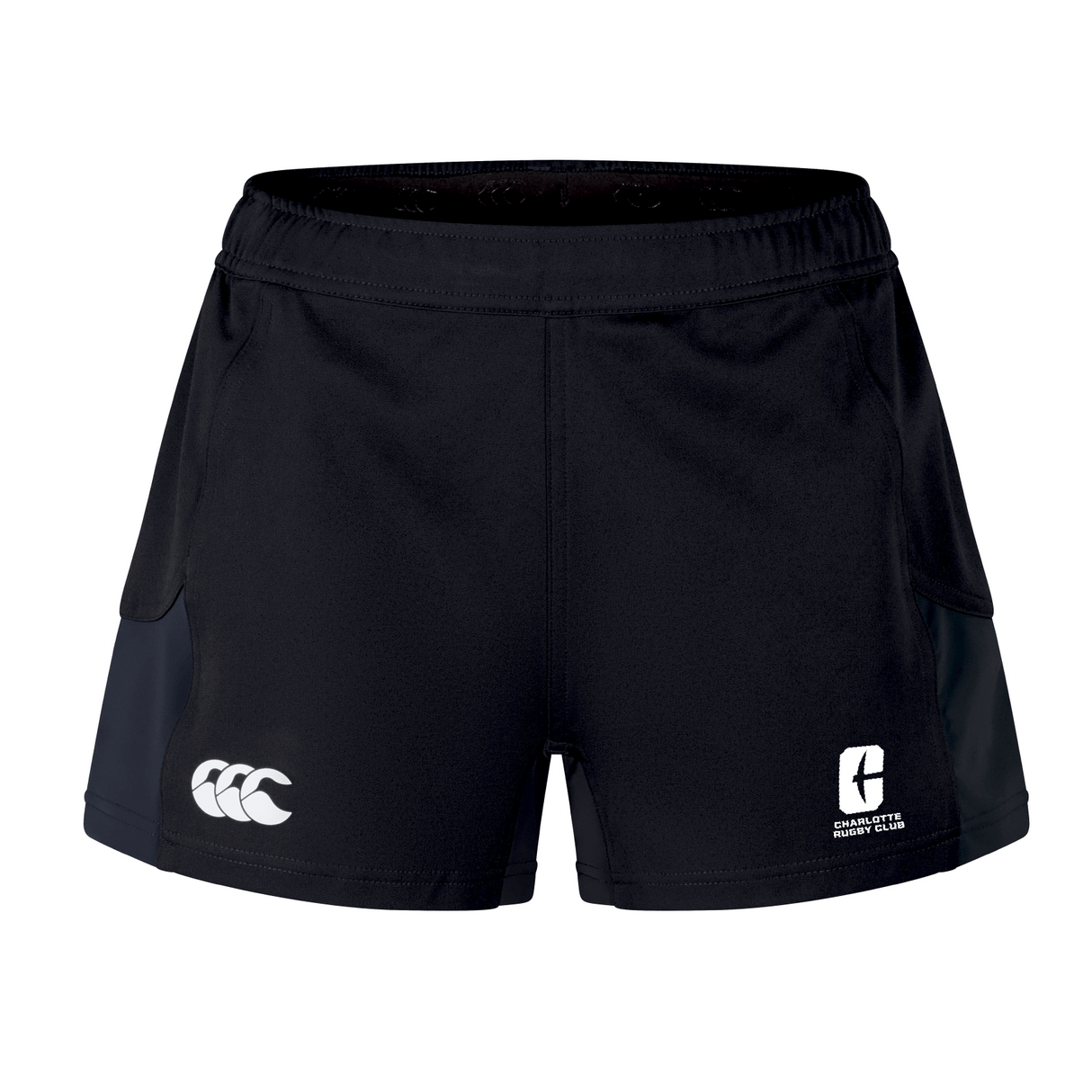 The UNC Charlotte Women's Advantage Short 2.0 by EMB Canterbury showcases a white logo on the front, designed with recycled content to enhance performance and sustainability.