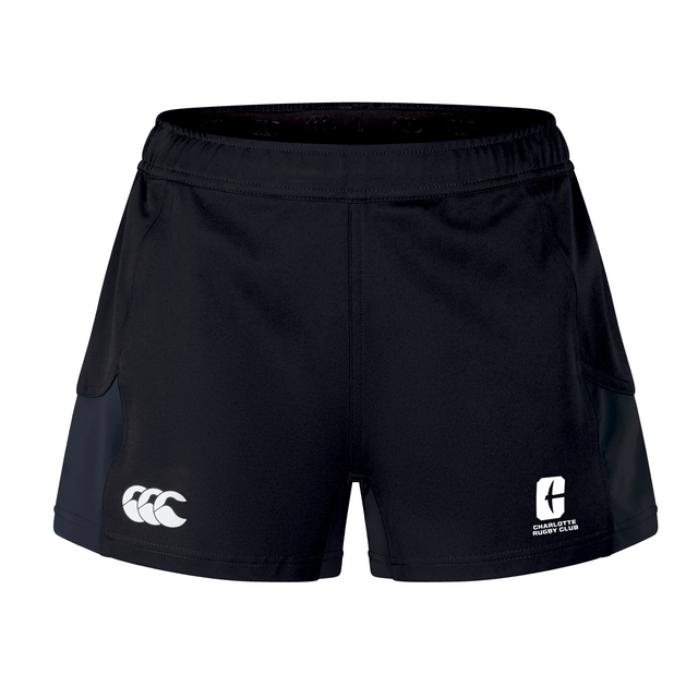 The UNC Charlotte Women's Advantage Short 2.0 by EMB Canterbury showcases a white logo on the front, designed with recycled content to enhance performance and sustainability.