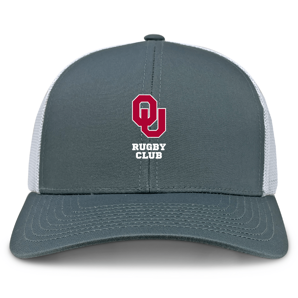 The EMB S&S Activewear University of Oklahoma Women Retro Trucker Cap features a gray and white design with a red "OU" logo, "Rugby Club" in white on the front, and an adjustable snapback closure.