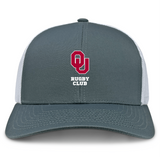 The EMB S&S Activewear University of Oklahoma Women Retro Trucker Cap features a gray and white design with a red "OU" logo, "Rugby Club" in white on the front, and an adjustable snapback closure.