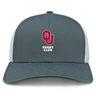 The EMB S&S Activewear University of Oklahoma Women Retro Trucker Cap features a gray and white design with a red "OU" logo, "Rugby Club" in white on the front, and an adjustable snapback closure.