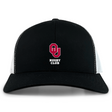 The University of Oklahoma Women Retro Trucker Cap by EMB S&S Activewear features a black and white design with an embroidered red "OU" logo above "Rugby Club" on the front and a classic snapback closure.