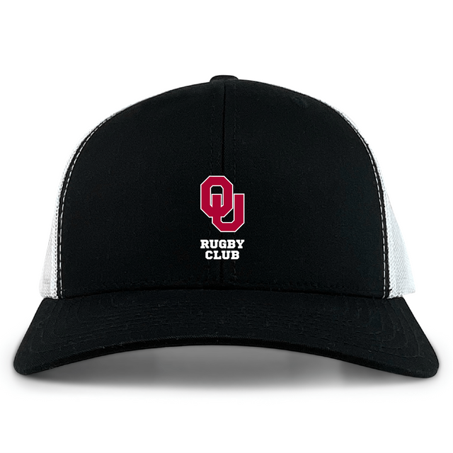 The University of Oklahoma Women Retro Trucker Cap by EMB S&S Activewear features a black and white design with an embroidered red "OU" logo above "Rugby Club" on the front and a classic snapback closure.