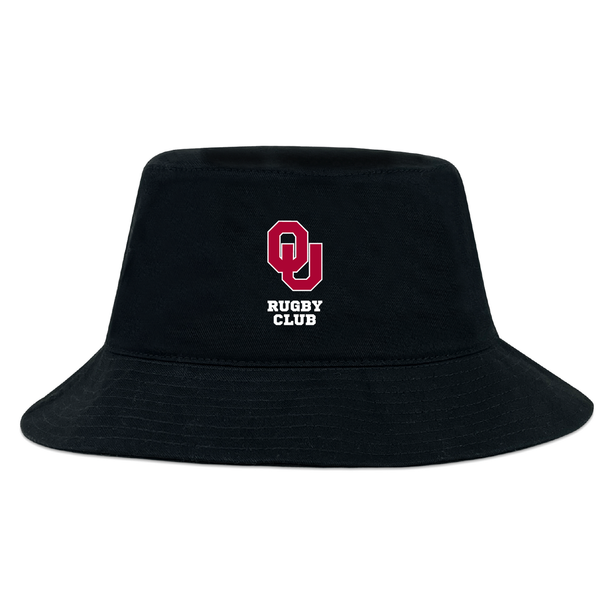 The EMB S&S Activewear University of Oklahoma Women Crusher Bucket Cap is a black cotton twill hat with a red "OU" logo and "Rugby Club" in white on the front, offering classic style and sun protection.