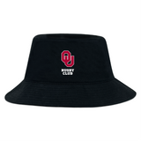 The EMB S&S Activewear University of Oklahoma Women Crusher Bucket Cap is a black cotton twill hat with a red "OU" logo and "Rugby Club" in white on the front, offering classic style and sun protection.