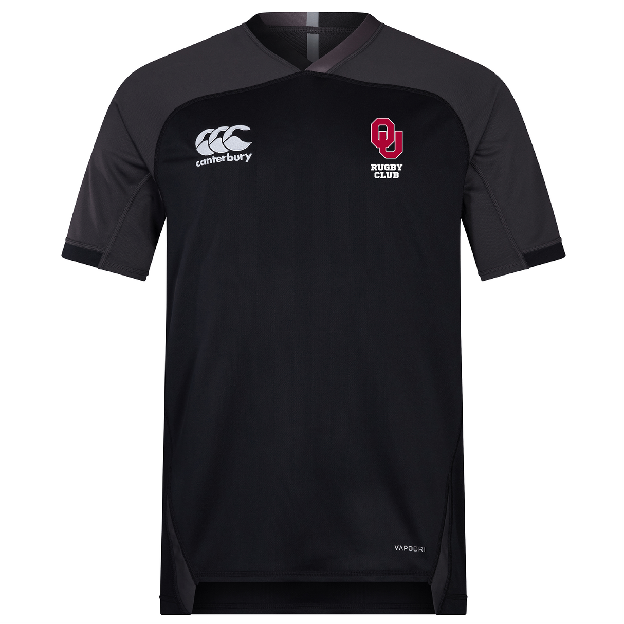 Explore the sleek black University of Oklahoma Women Vapodri Evader Jersey by EMB Canterbury, featuring short sleeves, the Canterbury logo on the left chest, and "OU Rugby Club" emblem on the right. Enhanced with moisture-wicking technology for superior comfort and performance.