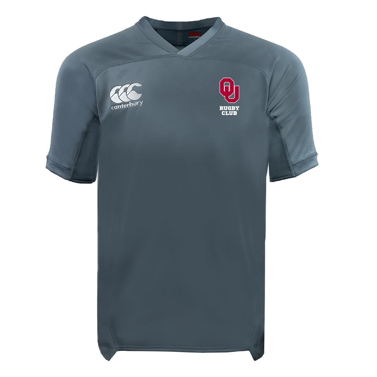 The University of Oklahoma Women Vapodri Evader Jersey by EMB Canterbury, in gray, showcases the "Canterbury" logo on the right chest and "OU Rugby Club" logo on the left. It features a V-neck, short sleeves, and moisture-wicking technology for comfort during intense matches.