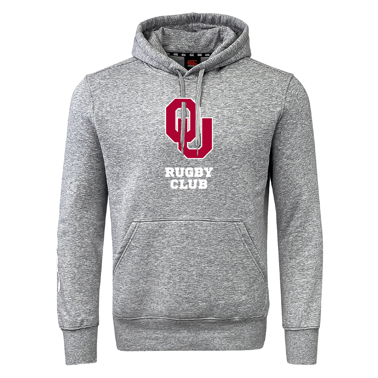 The University of Oklahoma Women's Club Hoodie by WRS Canterbury is a gray piece with a bold red "OU" logo and "Rugby Club" text. It's crafted from soft sweatshirt fleece, with a front pocket and drawstring hood. Optional customization adds a personal touch.