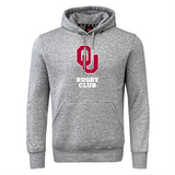 The University of Oklahoma Women's Club Hoodie by WRS Canterbury is a gray piece with a bold red "OU" logo and "Rugby Club" text. It's crafted from soft sweatshirt fleece, with a front pocket and drawstring hood. Optional customization adds a personal touch.