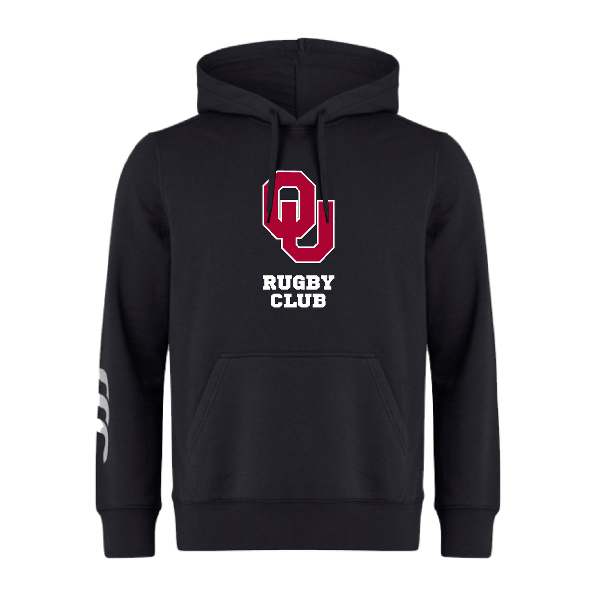 The University of Oklahoma Women Club Hoodie by Canterbury features "OU Rugby Club" with a bold red emblem and white text on the front. Made from soft sweatshirt fleece, this black hoodie from WRS Canterbury offers comfort and style, with optional customization for a personal touch.