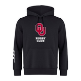 The University of Oklahoma Women Club Hoodie by Canterbury features "OU Rugby Club" with a bold red emblem and white text on the front. Made from soft sweatshirt fleece, this black hoodie from WRS Canterbury offers comfort and style, with optional customization for a personal touch.
