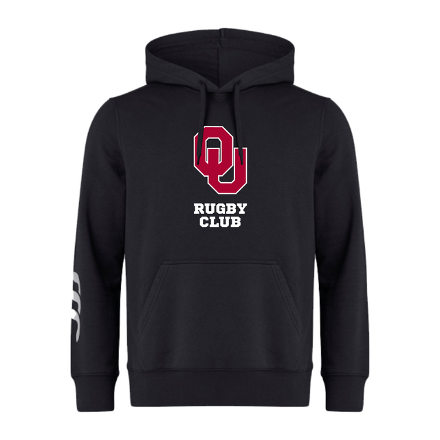 The University of Oklahoma Women Club Hoodie by Canterbury features "OU Rugby Club" with a bold red emblem and white text on the front. Made from soft sweatshirt fleece, this black hoodie from WRS Canterbury offers comfort and style, with optional customization for a personal touch.