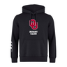 The University of Oklahoma Women Club Hoodie by Canterbury features "OU Rugby Club" with a bold red emblem and white text on the front. Made from soft sweatshirt fleece, this black hoodie from WRS Canterbury offers comfort and style, with optional customization for a personal touch.